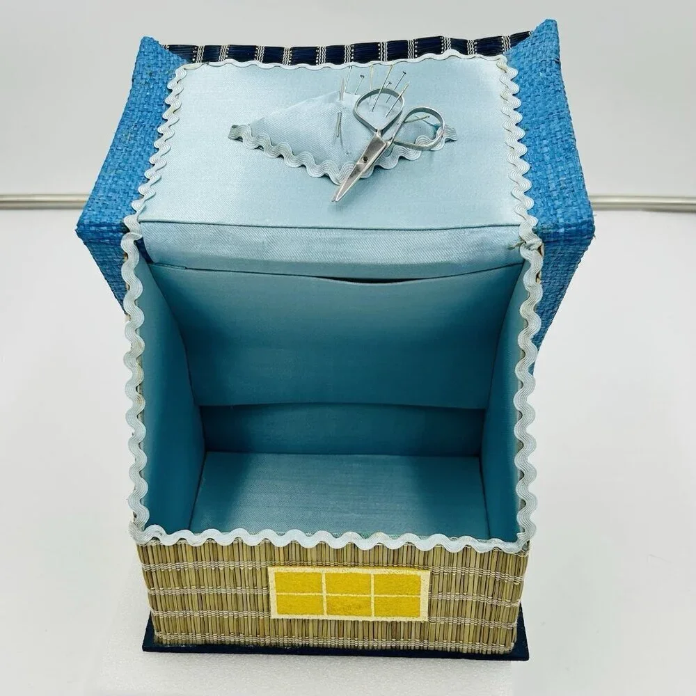 Vintage House Shaped Sewing Case Kit Box Bamboo Woven Japan Satin Lined